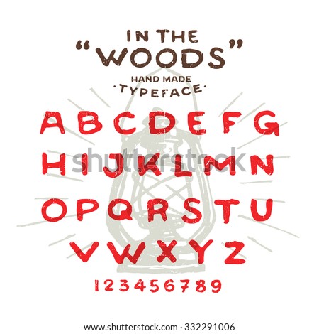 Hand Made rustic typeface 'In The Woods' Custom handwritten alphabet. Hand drawn Letters and Numbers. Vintage retro textured font grunge effect. Background Lantern Vector illustration with sun rays.