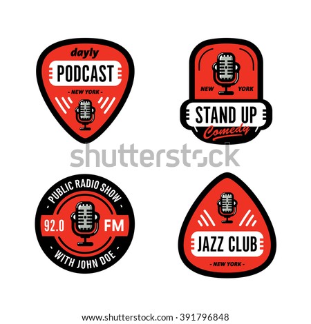 Set of Solid, Bold, Strong & Clean Badges Symbols For Stand Up Comedy, Radio Show, Podcast, Performer, Singer, DJ, Music Club, Broadcast etc. Collection of Original Effective Powerful Emblems & Marks