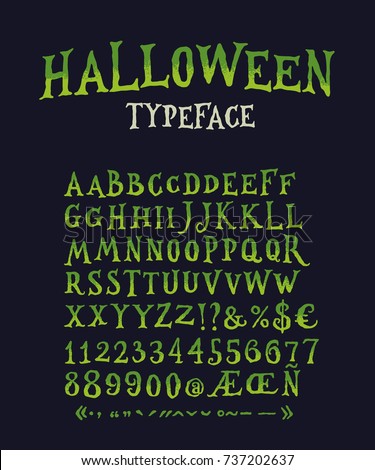 Vintage Halloween Original Typeface. Retro Creepy Style Halloween Font. Vector Illustration. Hand Drawn Halloween Alphabet. 
