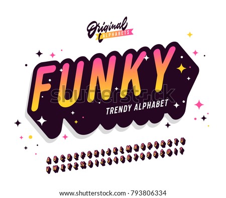 'Funky' Vintage 3D Sans Serif Rounded Colorful Alphabet with Long Shadow Effect and Festive Mood. Retro Typography. Vector Illustration.