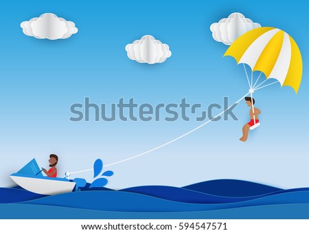 Summer activity. Man playing parachute at the sea in summer vacation. Design paper art style. Vector illustration.
