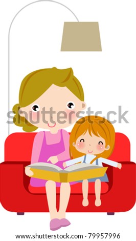 Young Mother Reading Book To Her Daughter Stock Vector Illustration ...