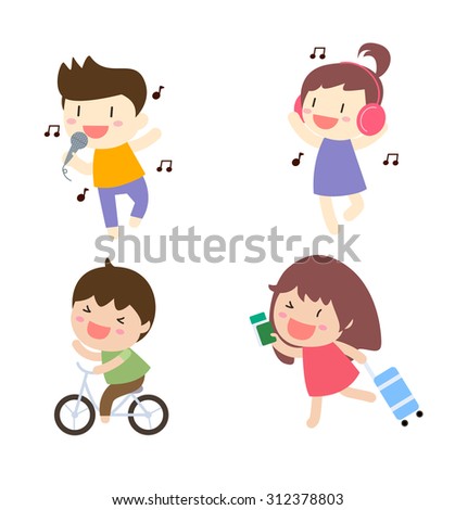 Cartoon people singing,listening music,biking and running