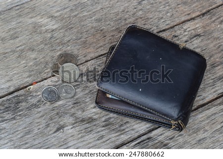 old black wallet and little coin.some people have beautiful wallet but no money inside