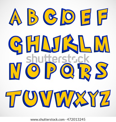 Alphabet letter written in a cartoon game vector illustration. Lettering for Design, Website, Background, Banner. Element for your text. Blue stroke yellow.