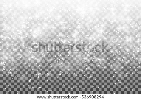 Falling snow on a transparent background. Vector illustration 10 EPS. Abstract white glitter snowflake background. Fall of snow. Magic Christmas eve snowfall. 