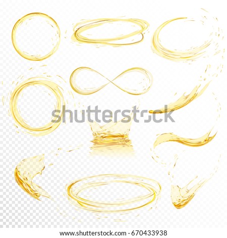 Oil splashing isolated on white background. Realistic yellow liquid with drop created with gradient mesh. Vector illustration set.