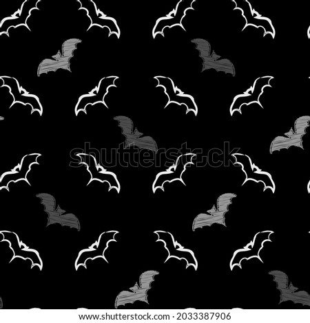 Halloween vector seamless background. Repeating pattern with hand drawn flying bats on black background. Ready for printing on textile, fabric, bedding and other seamless surfaces. 