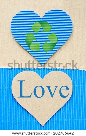 heart blue corrugated paper and sign recycle. recycle paper concept. LOVE