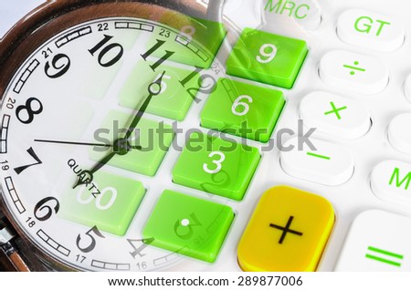 Business time concept. Pocket watch and green calculator.