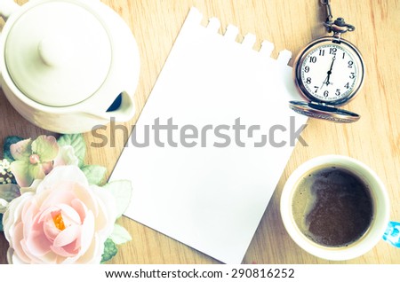 Blank Pad of Paper ready for your own text, pocket watch & Coffee. Vintage style.