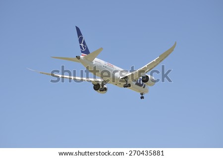 MADRID, SPAIN - APRIL 11th 2015: Airplane -Boeing 787-, of -Air Europa- airline, landing on Madrid-Barajas -Adolfo Suarez- airport, on April 11th 2015.
