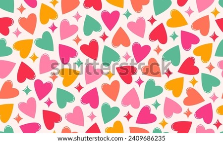 Seamless vector pattern of colourful hearts in bright vibrant colours on light background. Valentine's day, birthday pattern design for wrapping paper, paper bags, wallpaper.