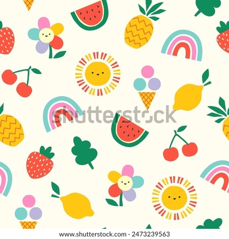 Children's summer vector seamless pattern with cute hand drawn rainbow, sun, fruit for fabric, packaging, wallpaper, wrapping paper design