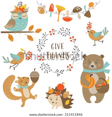 Set of cute woodland animals for autumn and Thanksgiving design.
