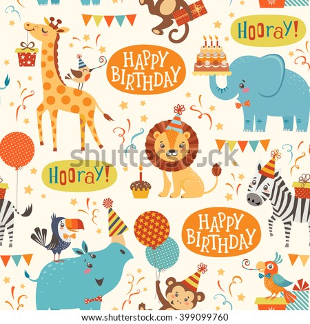 Seamless birthday pattern with cute jungle animals