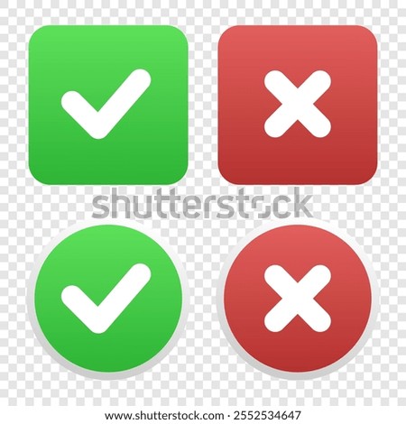 Green check mark button. Cross mark red emoji icon button