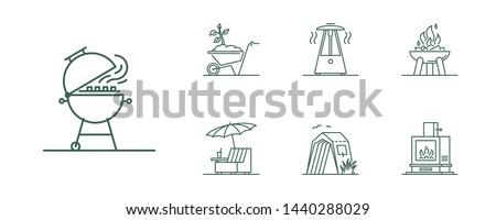 Line style barbecue icons set. Minimal illustration for designation of outdoor grill, bbq and heating devices and furniture.