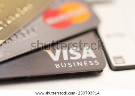 SUKHOTHAI , THAILAND - FEBRUARY 8,2015 : credit card : customer used visa and master card for online shopping , online banking  and etc. they can pay quickly and securely by master card or visa card.