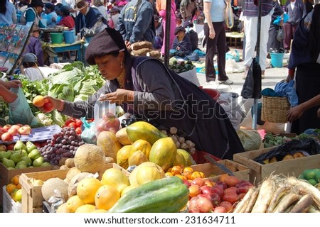 ZAMORA, ECUADOR - Aug, 15: Ecuadorian ethnic women in national clothes selling agricultural products and other food items on a market in the Zamora village on August, 15, 2007. ZAMORA, ECUADOR