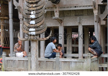 TANA TORAJA, INDONESIA - Aug, 10: Typical Torajan houses, called Tongkonan on August, 10, 2012. TANA TORAJA, INDONESIA