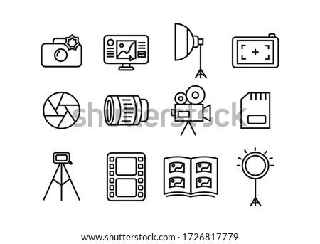 Photographer icon set. Photographer equipment icons. Photography, woking, lens, camera, memory card, photo album, tripod, shutter, camcorder, softbox, film, ring lamp