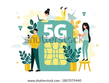 Vector illustration of 5G internet. A woman throws a dollar coin into a sim card, from above a woman with a laptop, next to a man with a smartphone, against the background of an antenna, leaves