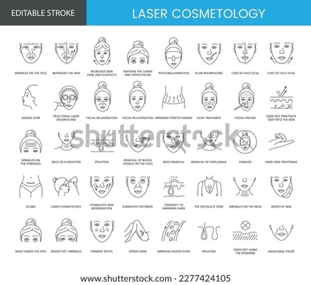 Laser cosmetology set of line icons in vector, editable stroke. Illustration of face and body rejuvenation, removal of moles and scars, wrinkles on the face and the decollete zone, wrinkles forehead