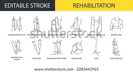 Rehabilitation in medical clinic set of line icons in vector, illustration walkers for adults and walking on crutches, broken arm and with prosthesis, crutches and wheelchair.