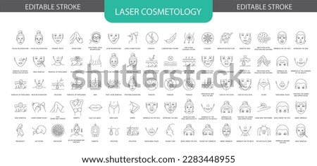 Laser cosmetology line icon set in vector, illustration of grinding stretch marks, fractional laser resurfacing, facial rejuvenation and refreshes the skin, wrinkles on the face. editable stroke.