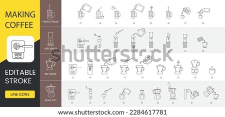 Coffee making instructions, line icon set in vector, illustrations include french press and aerpress, bee house and moka pot. Editable stroke.