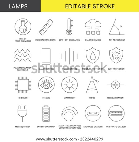 Set of line icons in vector for lamp packaging, illustration of technical specifications, low heat dissipation, physical dimensions and free of toxic chemicals, tilt adjustment. Editable stroke.
