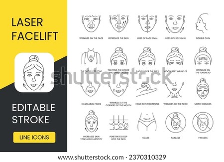 Laser cosmetology set of icons thermolifting line vector, editable stroke, goose feet wrinkles and scars, loss of face oval and bags under the eyes, double chin and nasolabial folds, mimic wrinkles