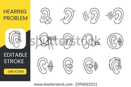 People with disabilities hearing problems, line icons set vector editable stroke, Hearing loss and deafness, deafness and deaf mute, hearing impairment.