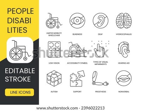 Disabled people, vector line icon set with editable stroke, person in wheelchair and blindness, hearing loss and deafness, hydrocephalus and autism, prosthesis and mute, low vision
