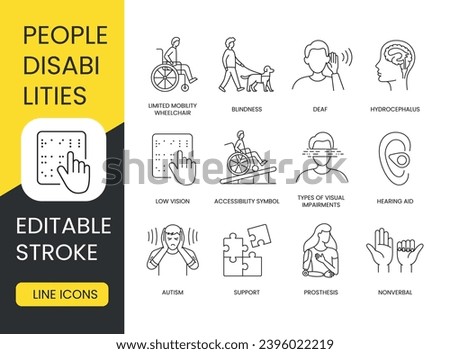 Set of vector linear icons of people with disabilities. These editable stroke icons cover a variety of needs from hydrocephalus to blindness, wheelchair ramps and hearing aids.