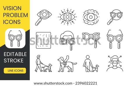 Explore Vision Insight icons, editable strokes for accessibility. Ideal for projects on eye health and disability awareness, featuring guide dog and braille icons.