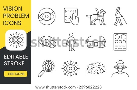 Explore Vision Insight icons, editable strokes for accessibility. Ideal for projects on eye health and disability awareness, featuring guide dog and braille icons.