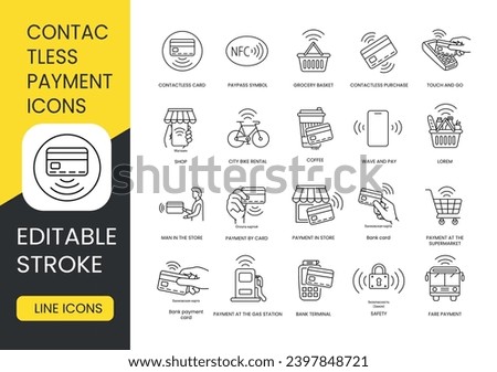 Contactless payment line icon set vector editable stroke, Contactless Purchase and PayPass Symbol, Touch and Go, Basket and Contactless Card, Wave and Pay, City Bike Rental and Payment for Products.