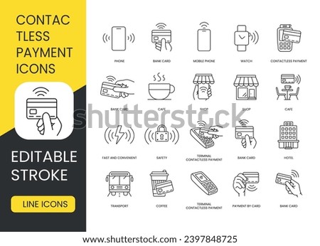 Contactless payment line icons set vector editable stroke, Watch and Mobile Phone, Bank Card and Cafe, Shop and NFC, Wi Fi and Hotel, QR Code and Terminal, Safety and Fast and Convenient, Transport
