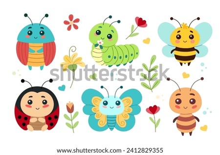 A set of cute cartoon insects which includes a ladybug, a butterfly, a caterpillar, a beetle, a bee, an ant. Vector illustration for children and toddlers, baby