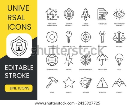 Set of universal linear icons in vector with editable stroke. Transparency and Control, Ease of Use, Speed, Efficiency and Security, Reliability and Versatility, Compatibility and Balance, Adjustment