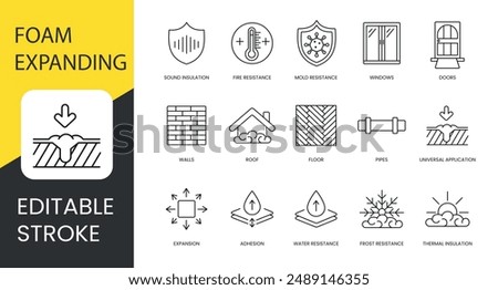 Polyurethane foam properties and places of application, vector line icon set with editable stroke, Adhesion and Water and Frost resistance, Doors and Sound insulation, Roof and Windows