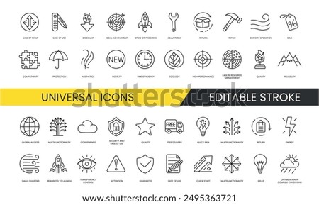 Set of vector line icons with editable stroke, Ideas, Optimization in Complex Conditions, Ease of Use and Transparency, Control and Attention, Minor Changes, Readiness for Launch, Safety, Quick Idea.