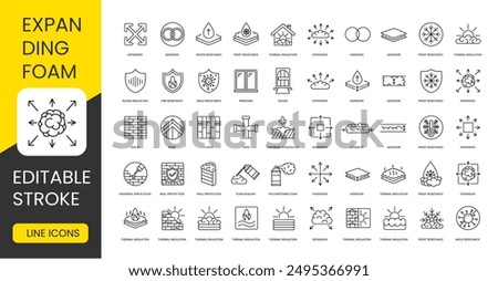 Properties of polyurethane foam and places of application, set of vector line icons with editable stroke, Adhesion and Water resistance, Wall protection and Roof, Mounting foam and Frost resistance.