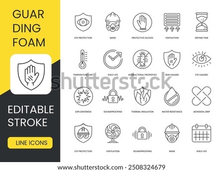 Expanding mounting foam vector line icon set with editable stroke, mounting foam and properties, drying time and ventilation, protective gloves and mask, eye protection and hazard, antibacterial.