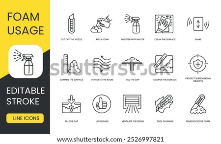 Instructions for using polyurethane foam, vector line icon set with editable stroke, Clean the surface and moisten with water and apply foam, cut off the nozzle and shake, fill the gap