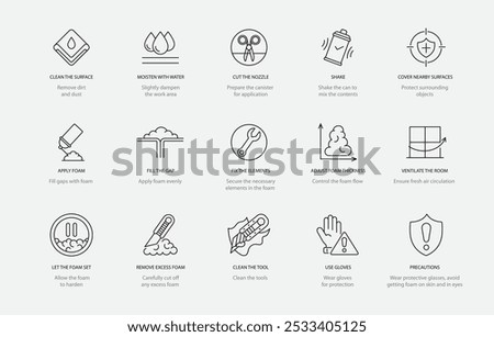 Instructions for using polyurethane foam, vector line icon set with editable stroke, Clean the surface and moisten with water, apply foam cut and off the nozzle, shake and secure the elements.