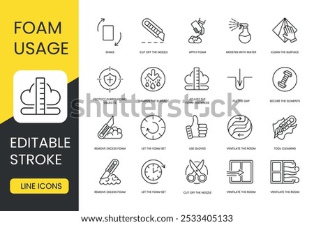 Instructions for using polyurethane foam, set of vector line icons with editable stroke, Clean the surface and moisten with water, apply foam and cut off the nozzle, shake and secure the elements.