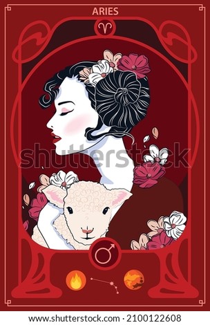 The woman who represents the Horoscope Sign Illustration in Art Nouveau style with sign of zodiac. Vector Illustration of Aries Zodiac Sign.